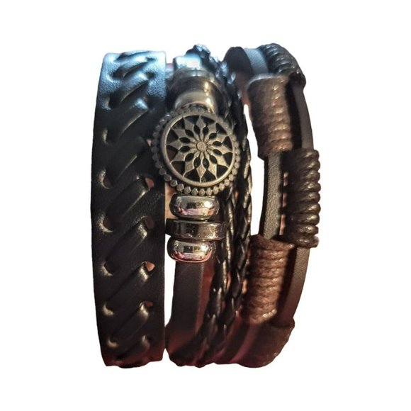 Men's 3 Piece Handmade Leather Bracelet Adj Wear 1-2 or 3 Teen Gothic Punk Gift - Picture 6 of 6